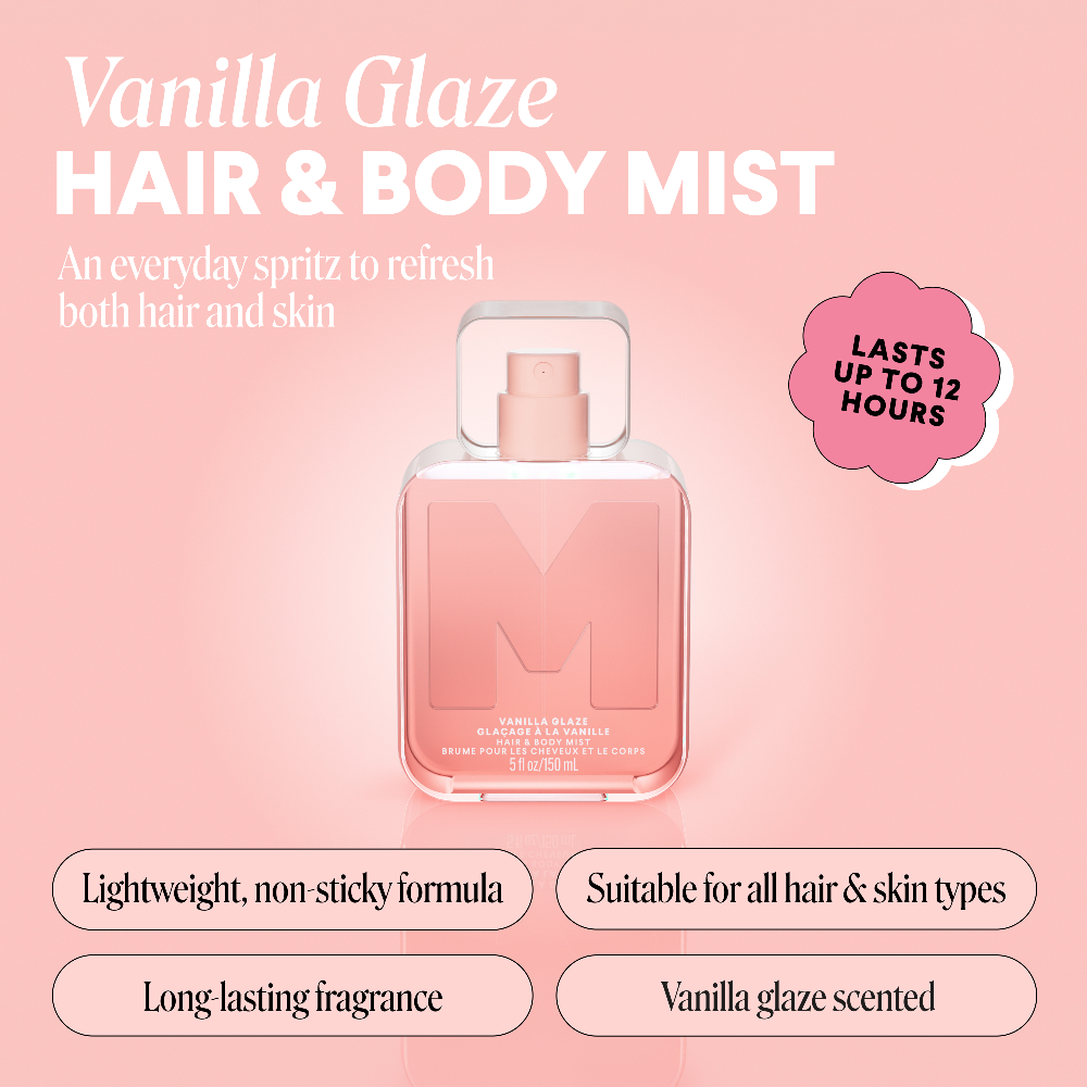 MONDAY Haircare Hair & Body Mist promotional card showing a pink bottle and scent notes on pink.