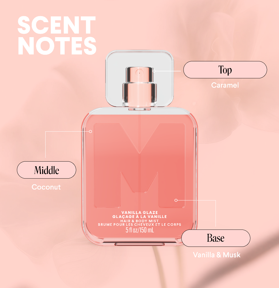 MONDAY Haircare Vanilla Glaze Hair & Body Mist bottle sits under a Scent Notes heading on a pink background.